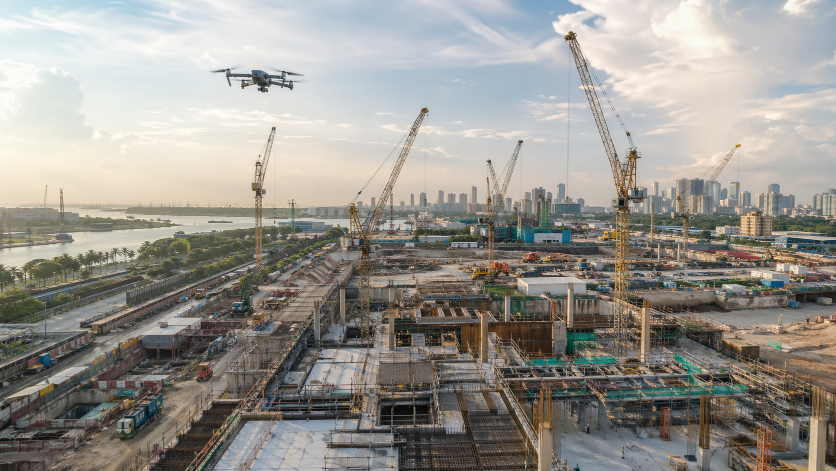 Drone capture and photogrammetry on an active construction site in Singapore.